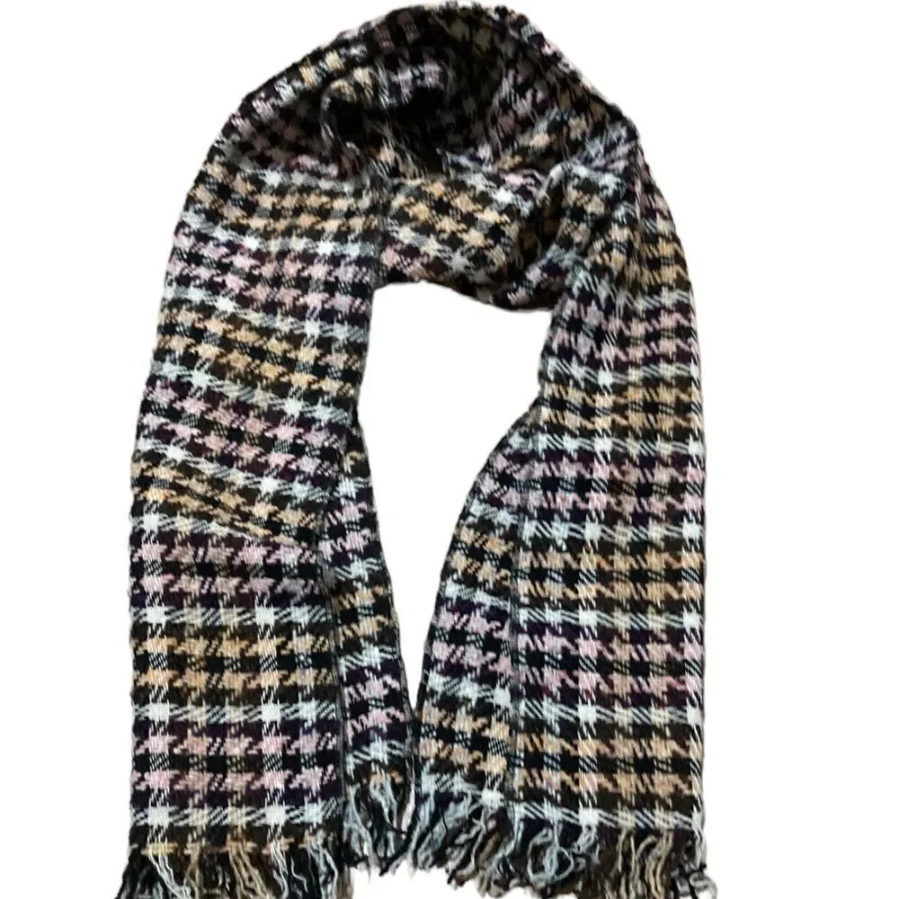 Wool scarf Brown cream pink and orange hounds tooth virgin wool scarf
